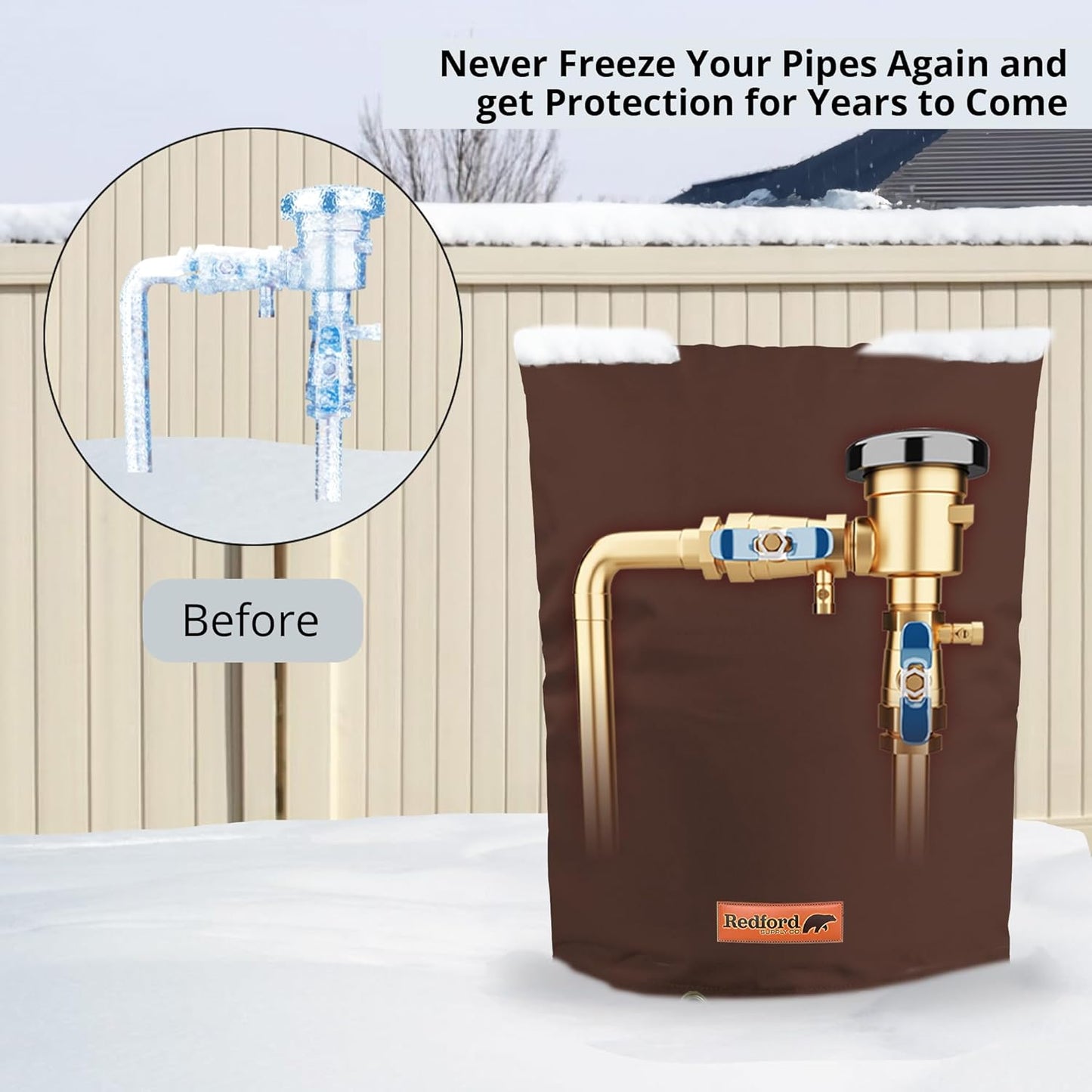 Redford Supply Co. Cold Snap (5°F) Double Wall Cotton Backflow Preventer Insulation Cover - Sprinkler Covers for Outside, Well Head Cover, Insulated Well Pump Cover, Pipe Cover (10"W x 20"H, Brown)