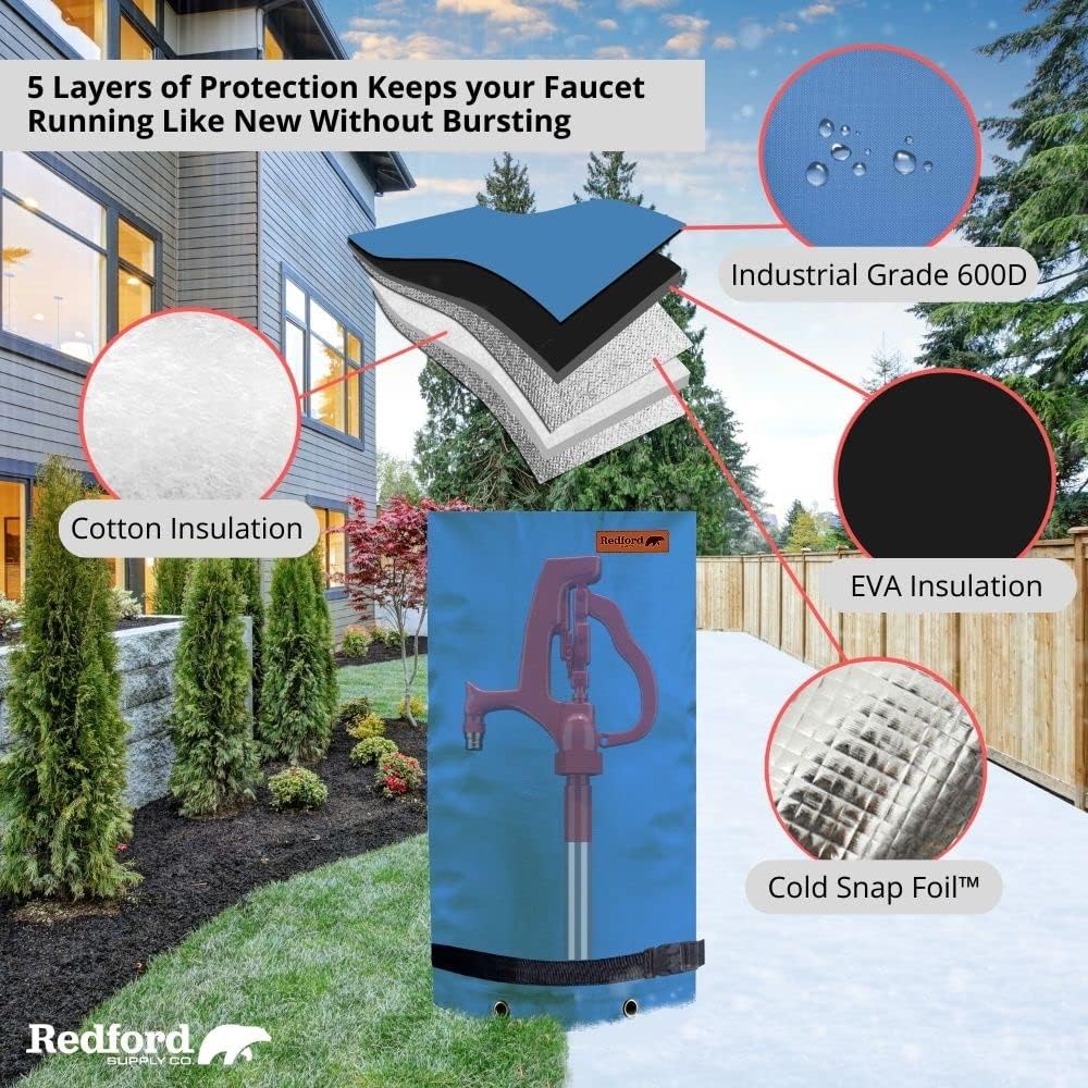 Redford Supply Co. Cold Snap (0°F) Double Wall Long Faucet Covers for Winter Insulated - Spigot Covers Winter Insulated, Water Faucet Covers for Outside, Faucet Cover Socks (14"W x 27"H, Blue)