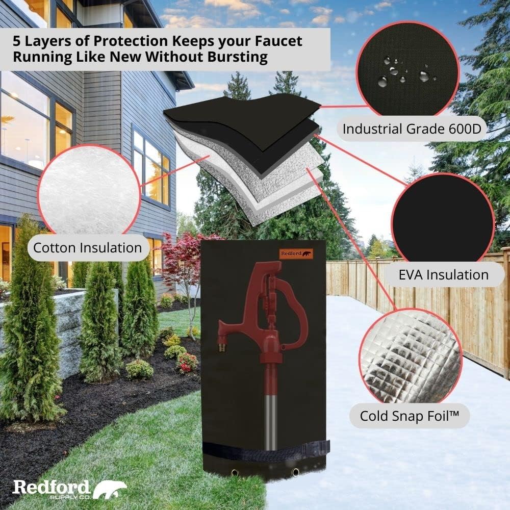 Redford Supply Co. Cold Snap (0°F) Double Wall Long Faucet Covers for Winter Insulated - Spigot Covers Winter Insulated, Water Faucet Covers for Outside, Faucet Cover Socks (14"W x 27"H, Black)