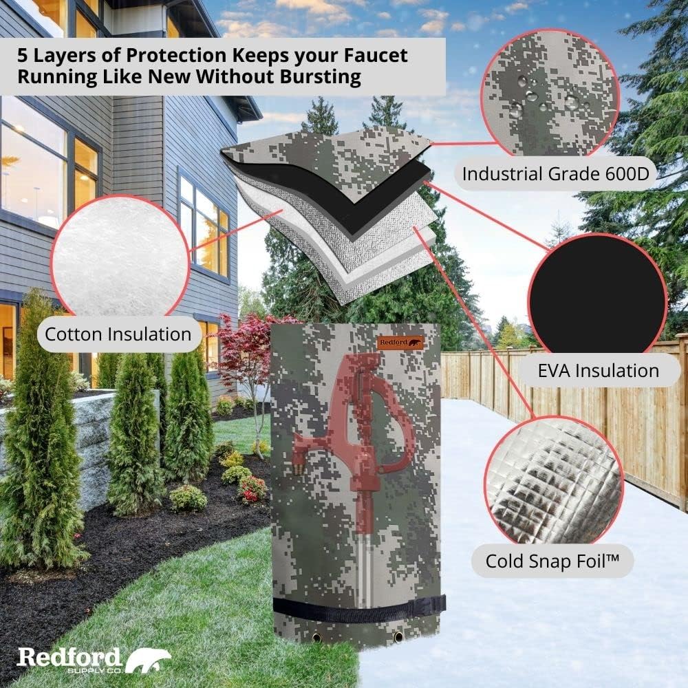Redford Supply Co. Cold Snap (0°F) Double Wall Long Faucet Covers for Winter Insulated - Spigot Covers Winter Insulated, Water Faucet Covers for Outside, Faucet Cover Socks (14"W x 27"H, Camo)