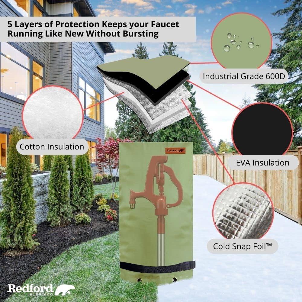 Redford Supply Co. Cold Snap (0°F) Double Wall Long Faucet Covers for Winter Insulated - Spigot Covers Winter Insulated, Water Faucet Covers for Outside, Faucet Cover Socks (14"W x 27"H, Green)