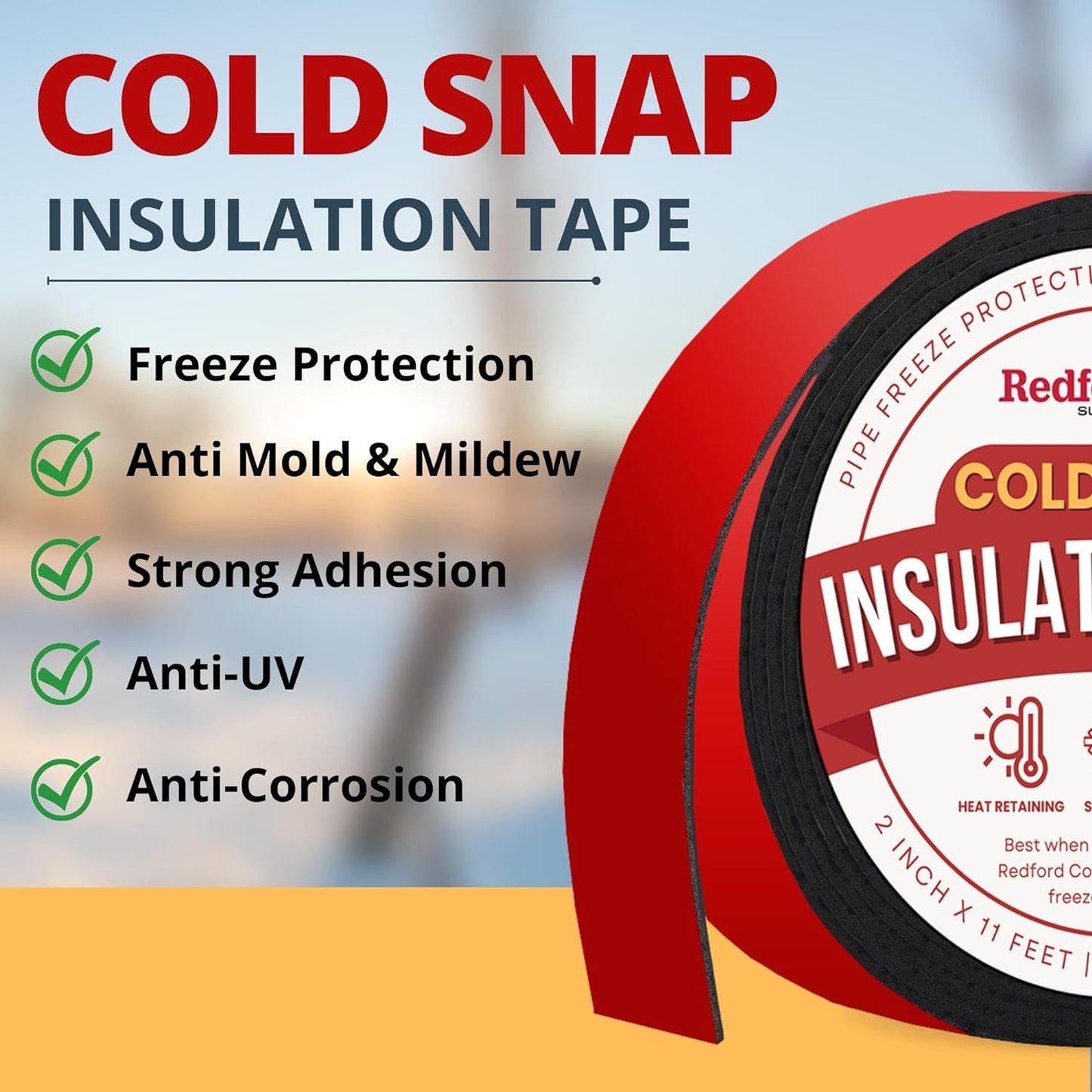 Redford Supply Co. 2 Inch Pipe Insulation Tape - Weather Resistant Water Pipe Wrap Tape - Outdoor Water Pipe Insulation Wrap, Insulation Tape for Water Pipes, Pipe Wrap Insulation, Foam Pipe Insulation (2 inch x 11 Feet, Red)